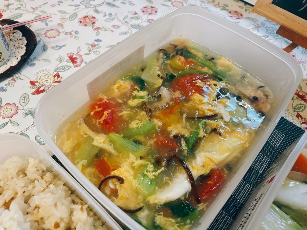 料理教室マンツーマン青梗菜と卵スープ
