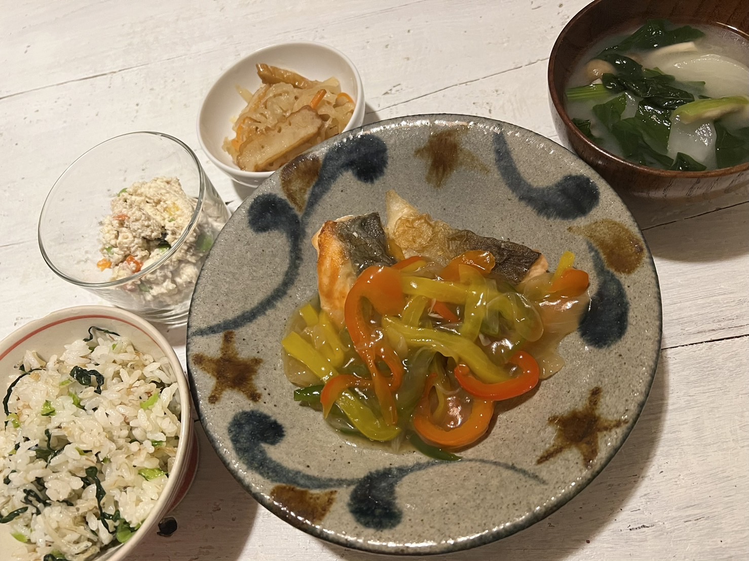 料理教室マンツーマン鮭カラフル野菜あんかけセット盛り付け
