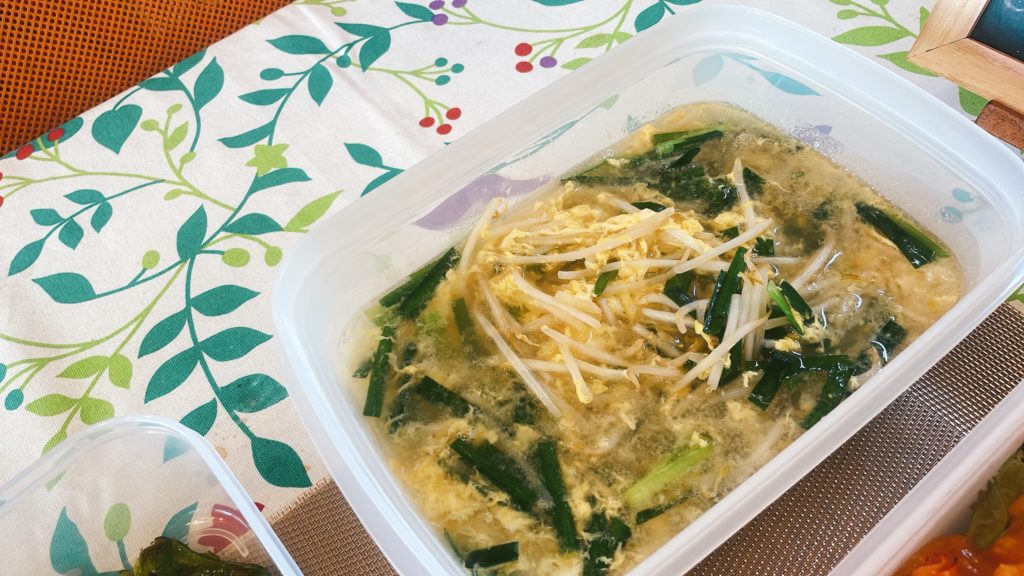 料理教室マンツーマンにらもやしスープ