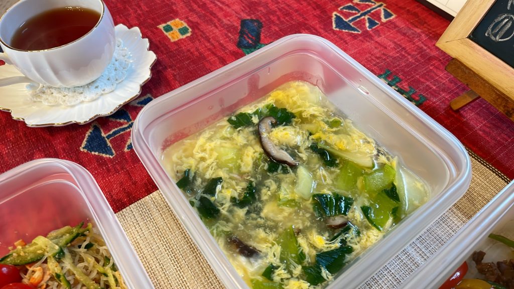 料理教室マンツーマン青梗菜とシイタケ卵スープ
