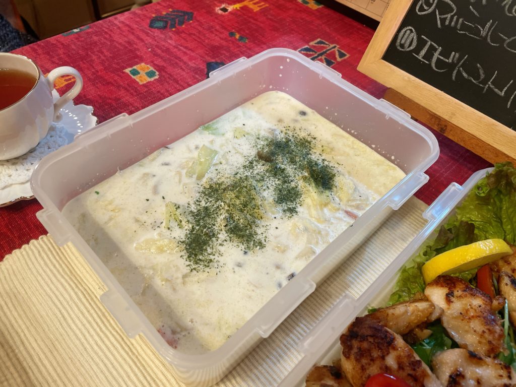 料理教室マンツーマンしめじキャベツミルクスープ