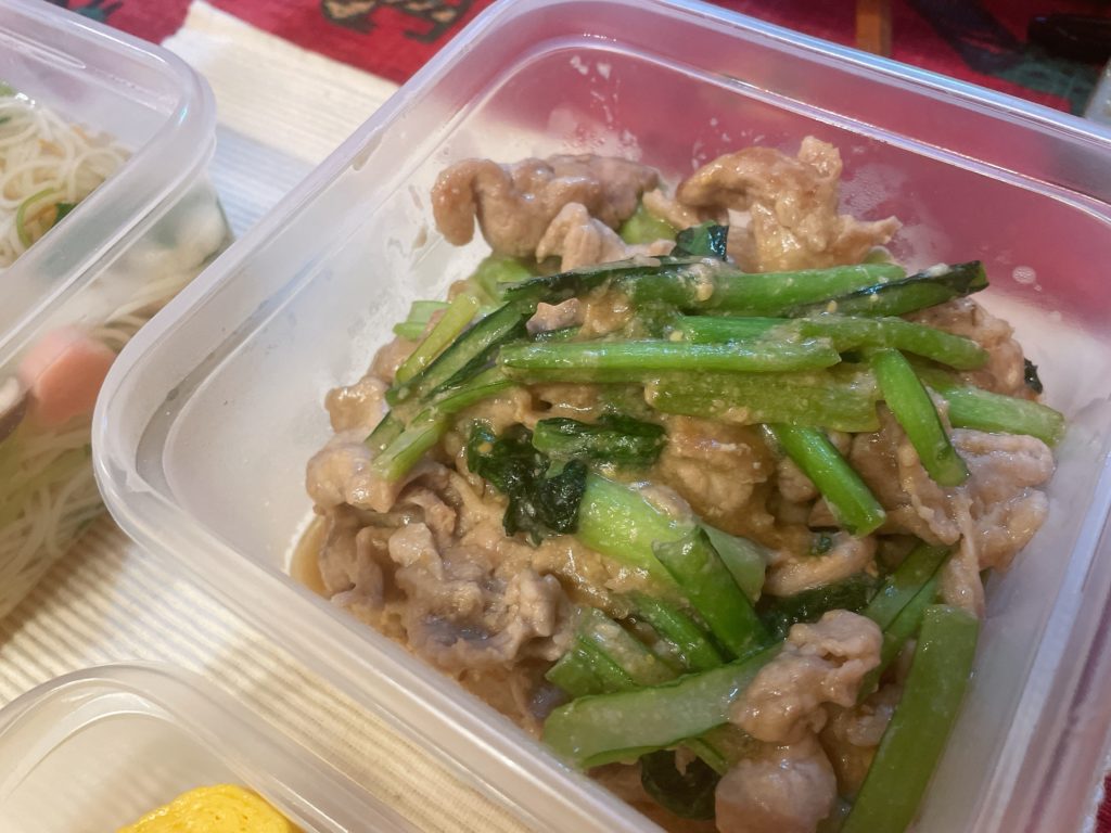 料理教室マンツーマン豚こま小松菜味噌炒め