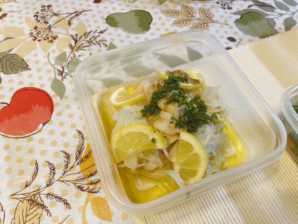 料理教室マンツーマン海老エリンギマリネ