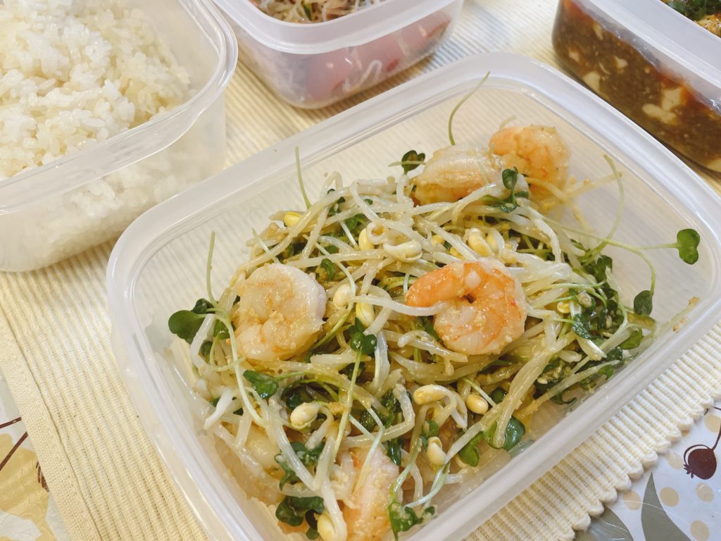 料理教室マンツーマンエビもやし胡麻和え