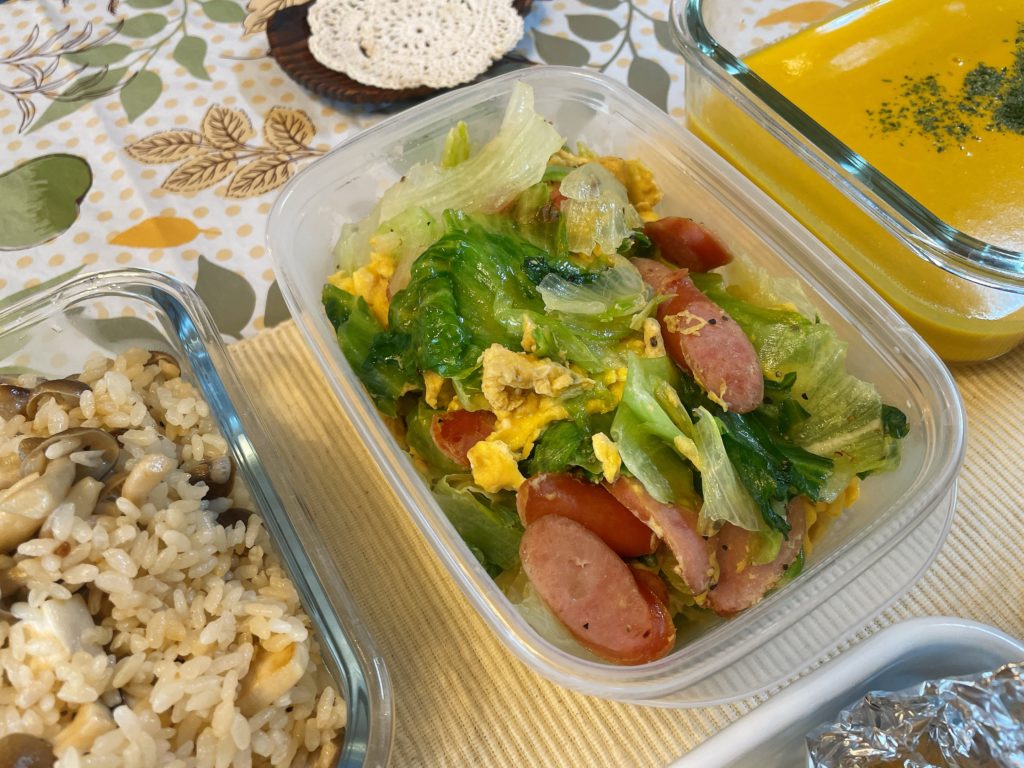 料理教室マンツーマンレタス卵ソーセージ