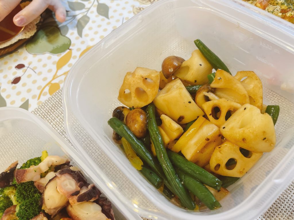 料理教室マンツーマン蓮根インゲンオイスター