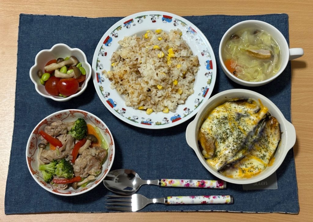 料理教室マンツーマン茄子味噌チーズ焼きセット盛り付け
