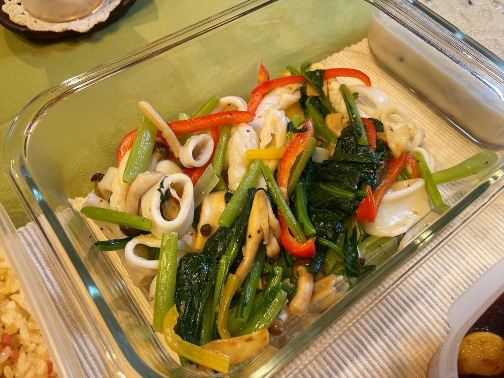 料理教室マンツーマンイカ小松菜ソテー