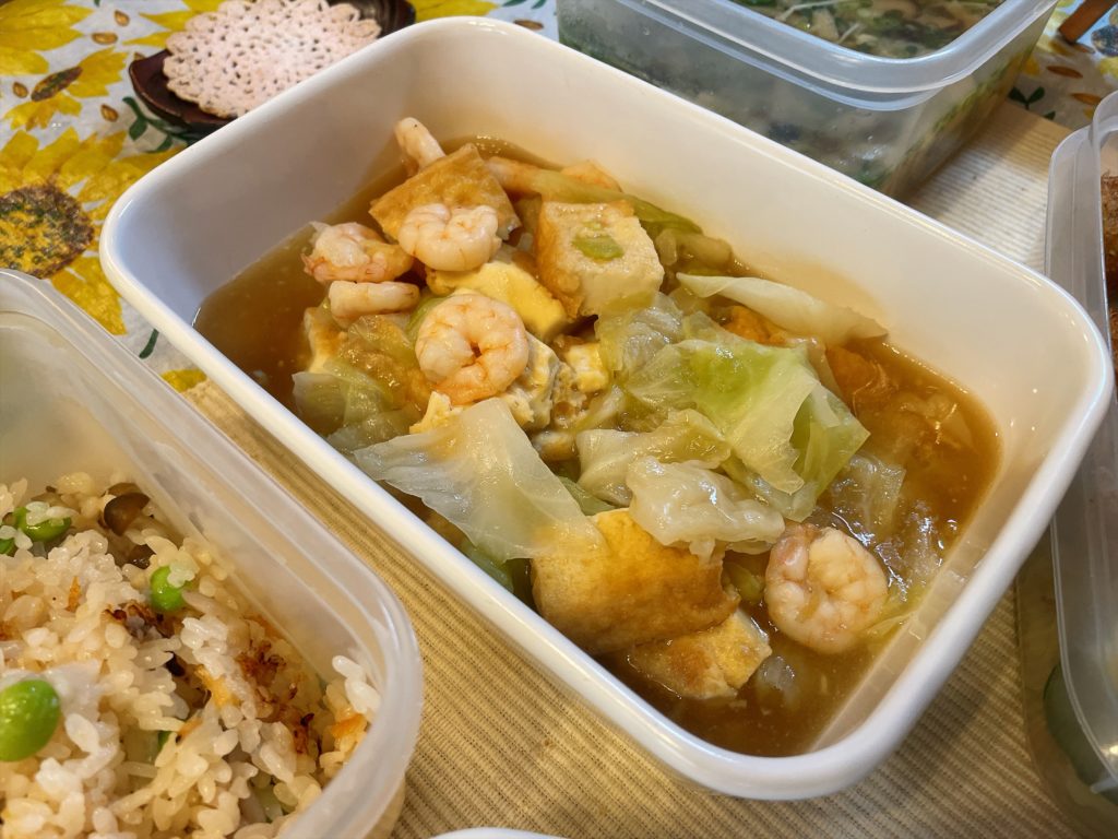 料理教室マンツーマン厚揚げエビキャベツ旨煮