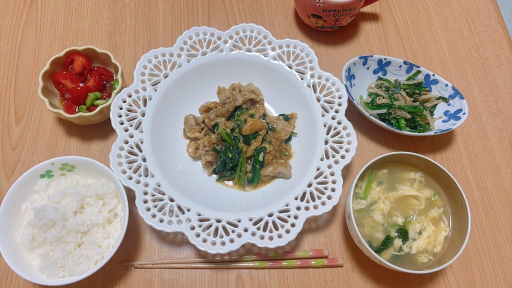 料理教室マンツーマン豚小松菜味噌炒めセット盛り付け